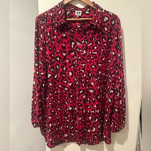 Anne Klein XL Vibrant Red Leopard Print Blouse Long Sleeve Bold Animal Print